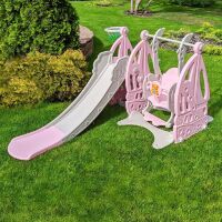 Дитяча пластикова гірка Гойдалка BAMBI WM19016-8 з баскетбольним кільцем сіро-рожева**