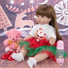 Велика вінілова лялька ручної роботи з ведмежатком Reborn Baby Doll зі справжнім каштановим волоссям та великими очима