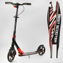 Алюмінієвий двоколісний самокат "Best Scooter" 10304 з амортизатором і ФАРОЮ / чорно-червоний