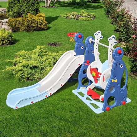 Дитяча пластикова гірка Гойдалка BAMBI WM19020-4 з баскетбольним кільцем біло-блакитна**