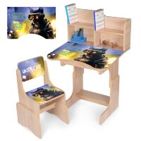Дитяча регульована парта зі стільцем розтишка N 2071-2-3 "Кіт воїн" англ та українська абетка, дуб сонома