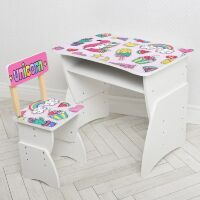 Дитяча парта регульована шкільна зі стільцем 905-133R Єдиноріжки на рожевому тлі / біла**