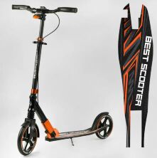 Алюмінієвий двоколісний самокат "Best Scooter" 79740 з амортизатором і ФАРОЮ / чорно-помаранчевий
