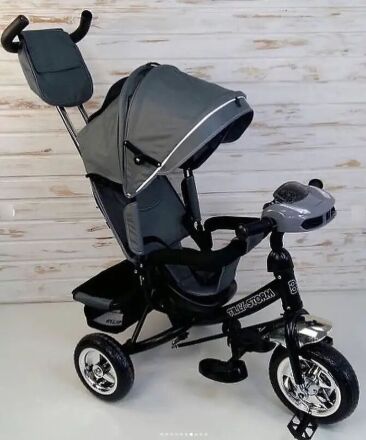 Дитячий велосипед-коляска триколісна TILLY STORM T-349/2 з фарою на кермі і російськими мелодіями / колір сірий