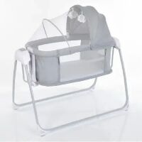 Дитяче Приставне Ліжечко люлька-гойдалка з москітною сіткою 3в1 8901 з таймером та музикою / сірий льон