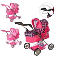 Коляска зимова люлька для ляльки 9680 Лялькова коляска з регульованою ручкою та багажної кошиком рожева