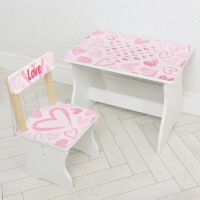 Дитячий дерев'яний столик зі стільчиком Bambi 504-118(UA)/ Малюнок Сердечка / колір білий**