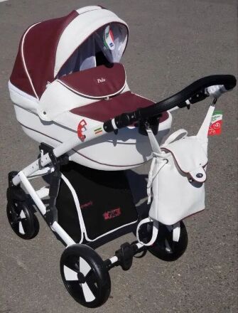 Коляска дитяча класична універсальна 2 в 1 POLO екокожа рожева біла жовта червоно-біла
