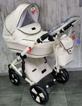 Коляска дитяча класична універсальна 2 в 1 POLO екокожа рожева біла жовта червоно-біла