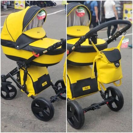 Коляска дитяча класична універсальна 2 в 1 POLO екокожа рожева біла жовта червоно-біла