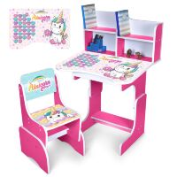 Дитяча регульована парта зі стільцем розтишка N 2071-9-8 "Єдиноріжок" українська абетка, малина