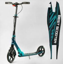 Алюмінієвий Самокат двоколісний Best Scooter 43685 з ФАРОЮ амортизатором і ручним гальмом / зелений