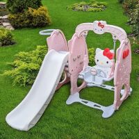 Дитяча пластикова гірка-гойдалка BAMBI HK5018-2A Hello Kitty з баскетбольним кільцем / рожево-сіра*