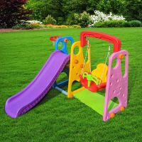 Дитяча пластикова гірка з гойдалкою XYL-AS05 із баскетбольним кільцем. червоно-фіолетова