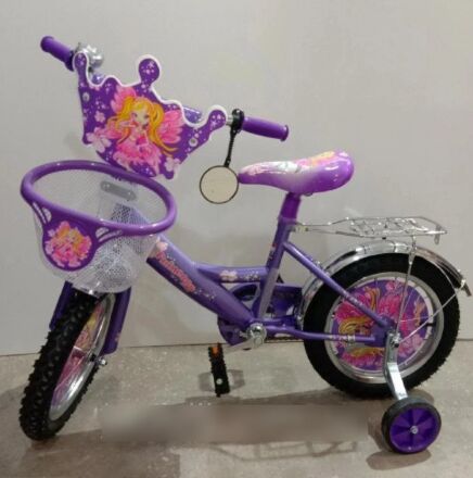 Велосипед дитячий двоколісний Azimut Принцеса Princess для дівчинки / колеса 14 дюймів / з кошиком фіолет