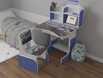 Дитяча регульована парта зі стільчиком Растишка Bambi 111 "Автомобіль БМВ" біло-блакитна для хлопчика