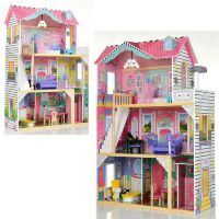 Дерев'яний триповерховий будинок для ляльок Bambi MD 2673 Ляльковий будиночок з меблями і парасолькою