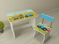 Дитячий дерев'яний столик зі стільчиком Bambi 504 / Малюнок Синій Трактор / колір білий