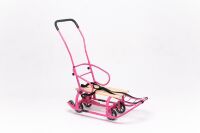 Санки дитячі Патріот з механізмом висувних колісних шасі та батьківською ручкою рожеві