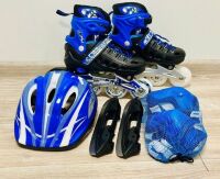Дитячий набір Combo 2в1 ролики та ковзани для хлопчика із захистом та шоломом сині Ice S (31-34)