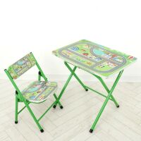 Дитячий складаний металевий столик зі стільчиком A19-road / Малюнок "Дорога" зелене**