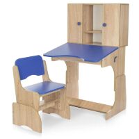 Дитяча дерев'яна парта зі стільчиком W903-14 регульована по висоті / з шафками / Синій + Дерево**
