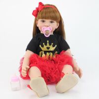 Велика вінілова лялька ручної роботи з червоним бантом Reborn Baby Doll зі справжнім волоссям та яскравими очима
