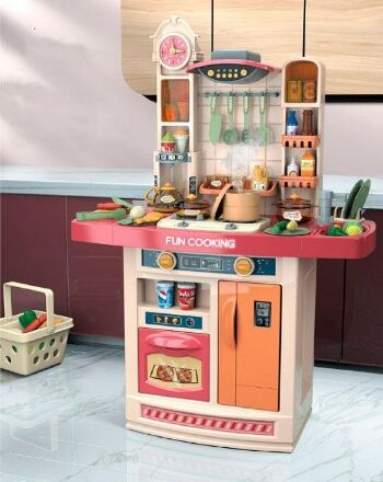 Дитяча Кухня з водою та холодною парою 998A-B 56 аксесуарів, Продукти, прилади, Світлові та Звукові Рожева
